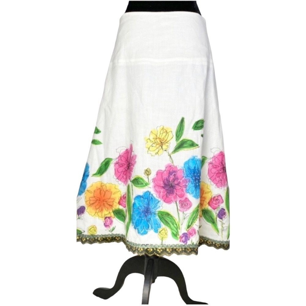 Carole Little floral abstract watercolor linen skirt size 6 modest art to wear